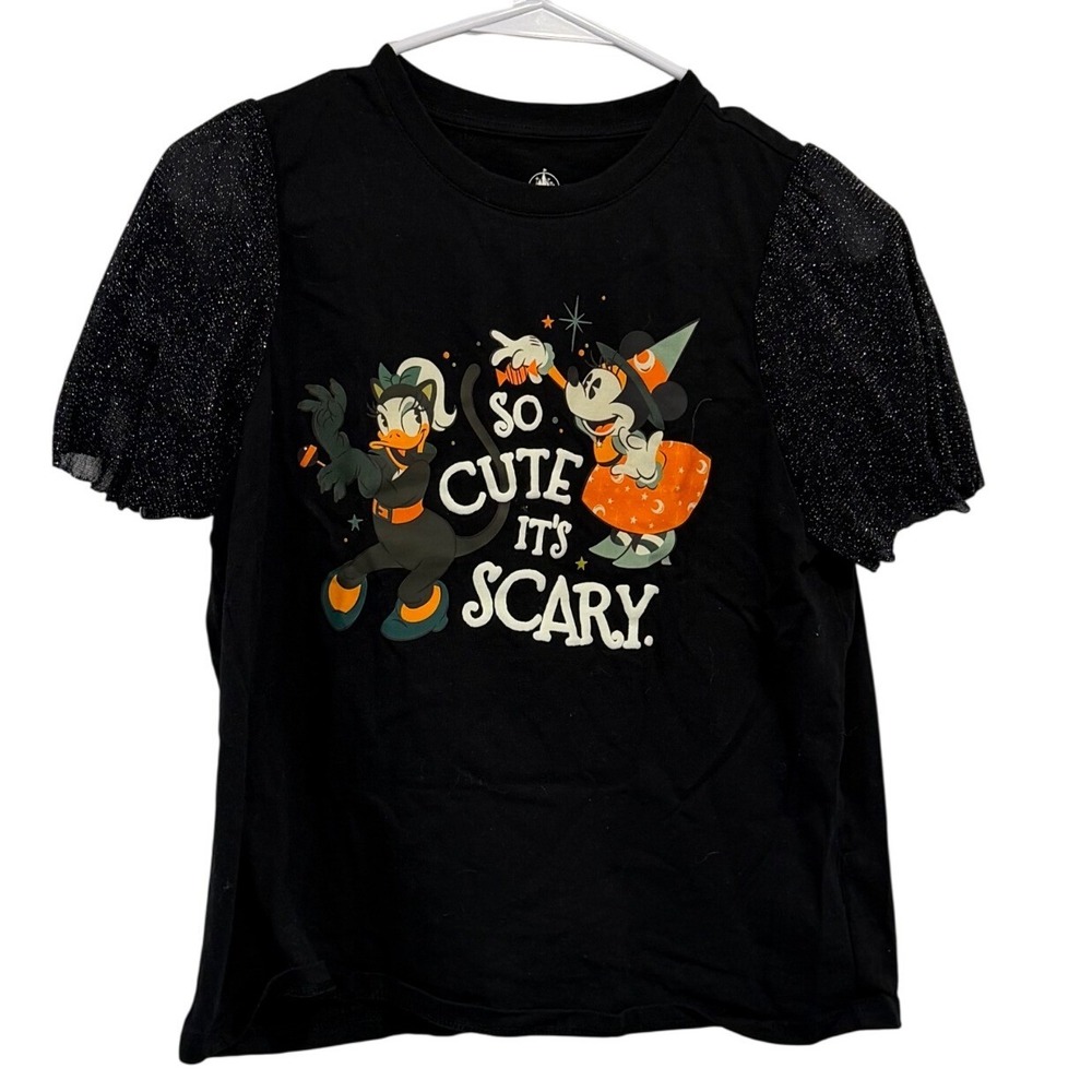 Disney Halloween Minnie Daisy So Cute Its Scary Black Glitter Puff Sleeve Tee 14
